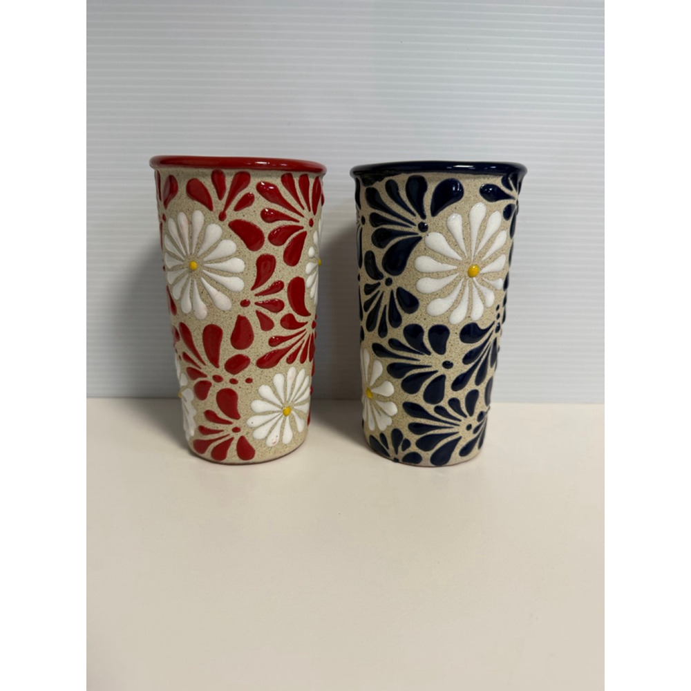 Lot of 2 Venegas Beige Red Blue Floral Ceramic Vases One Size Handmade Mexico - Picture 6 of 11